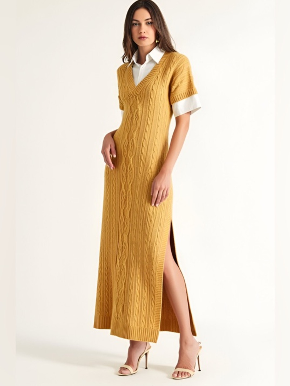 EB Luxe Mustard Cable-Knit “Twofer” Maxi Dress